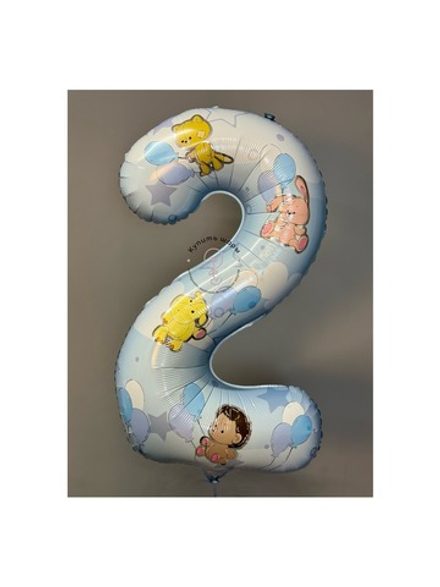 Шар цифра 2 " Зверюшки с шарами мальчик" 102 см